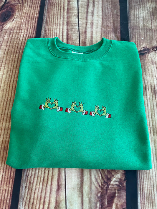 Grinch Christmas Hearts Embroidery Sweatshirt | Holiday Embroidery Sweatshirt | Christmas Sweatshirt | Everyday Gift | Grinchmas