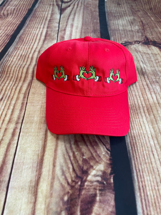 Grinch Hearts Embroidery Christmas Hat | Custom Embroidered Hat | Christmas Hat | Holiday Gift