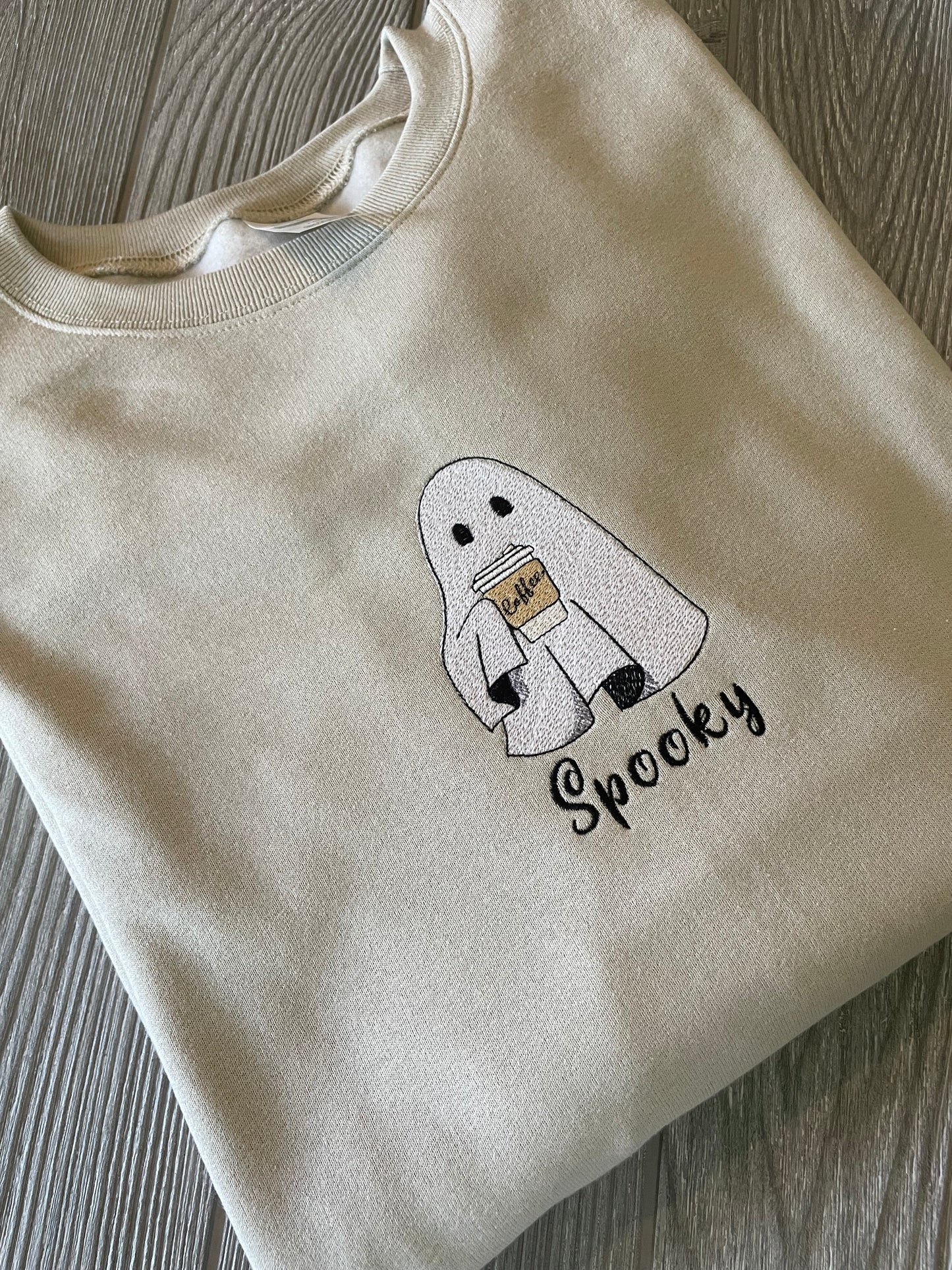 Halloween Fall Spooky Embroidery Coffee Ghost Sweatshirt| Embroidered Ghost Sweatshirt | Halloween Sweatshirt