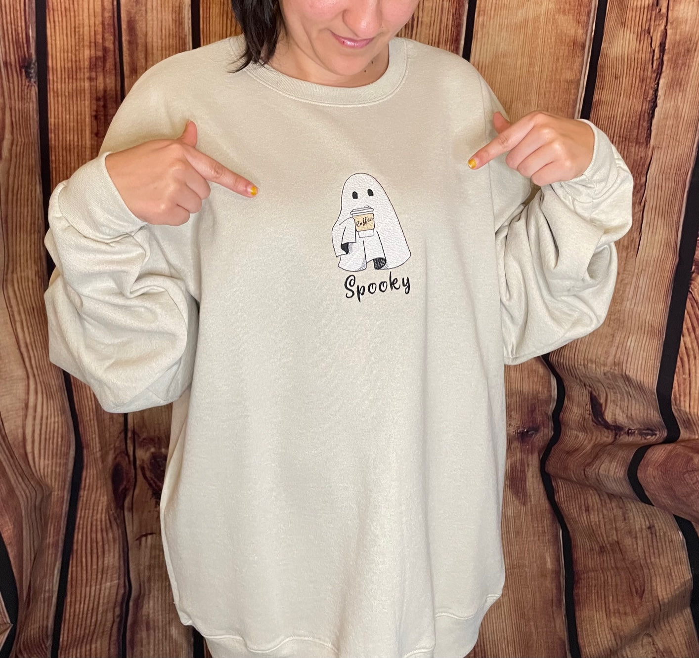 Halloween Fall Spooky Embroidery Coffee Ghost Sweatshirt| Embroidered Ghost Sweatshirt | Halloween Sweatshirt
