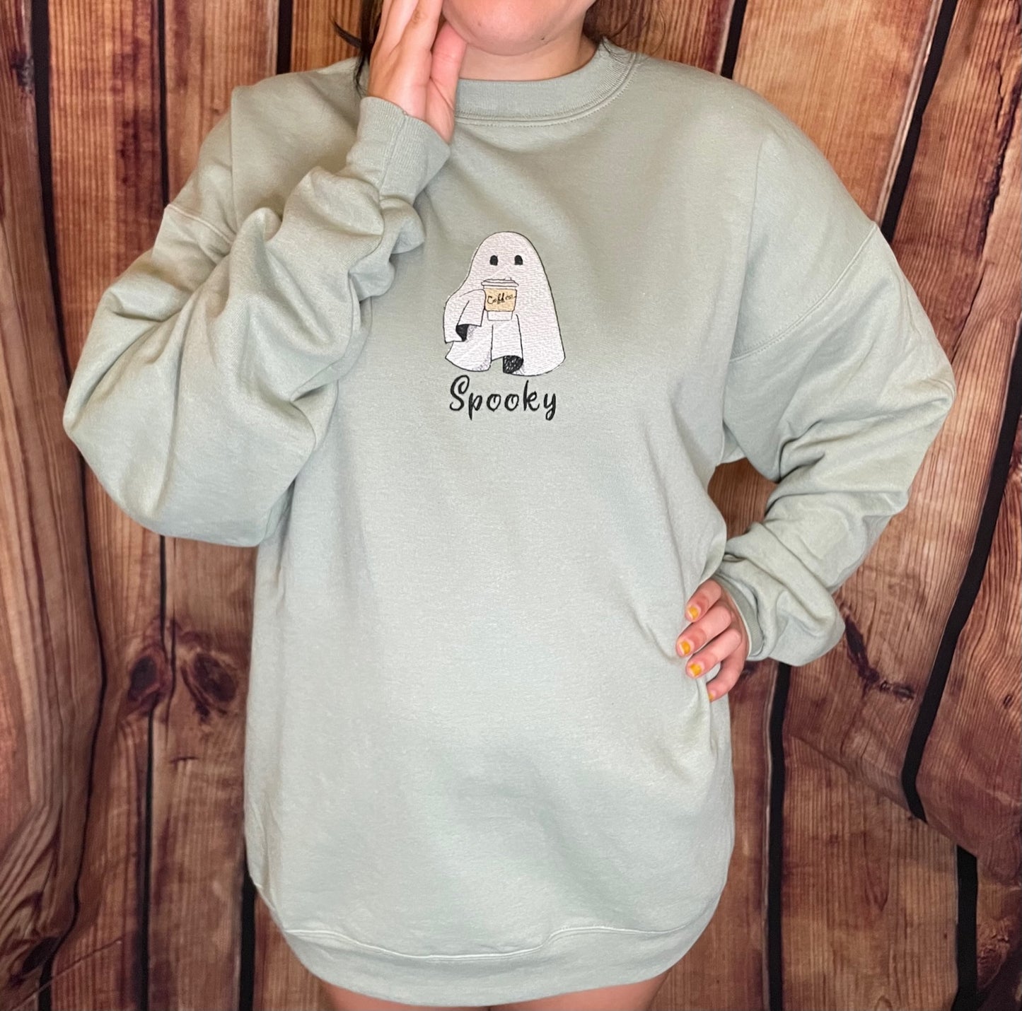 Halloween Fall Spooky Embroidery Coffee Ghost Sweatshirt| Embroidered Ghost Sweatshirt | Halloween Sweatshirt