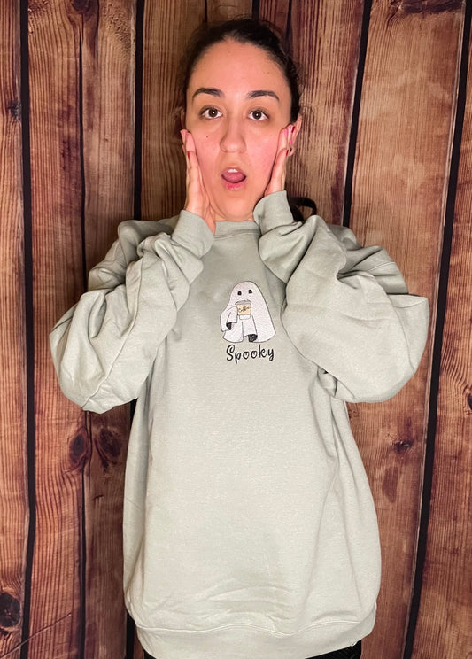 Halloween Fall Spooky Embroidery Coffee Ghost Sweatshirt| Embroidered Ghost Sweatshirt | Halloween Sweatshirt