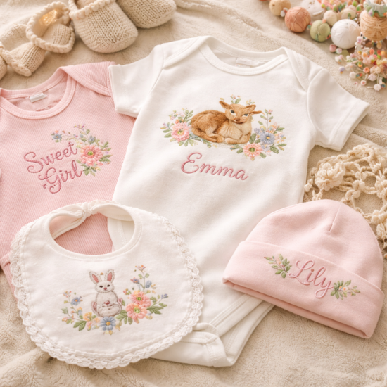 Custom Woodland Garden Embroidered Baby Girl Romper – Personalized Heirloom Gift