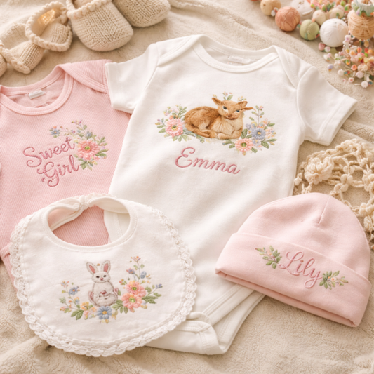 Custom Woodland Garden Embroidered Baby Girl Romper – Personalized Heirloom Gift